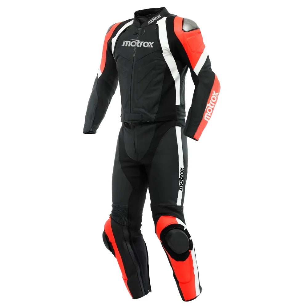 Men Leather Motorcycle Suit Avro — Fluo Red